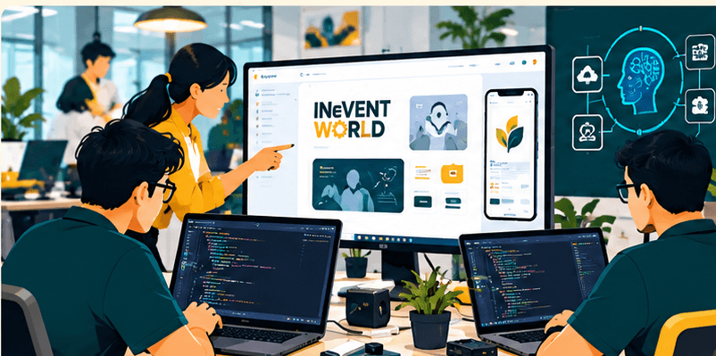 A team around screens and a whiteboard about websites, applications, and AI