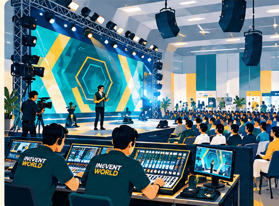 A conference hall seen from the sound desk, with a stage, lighting truss, and a seated audience